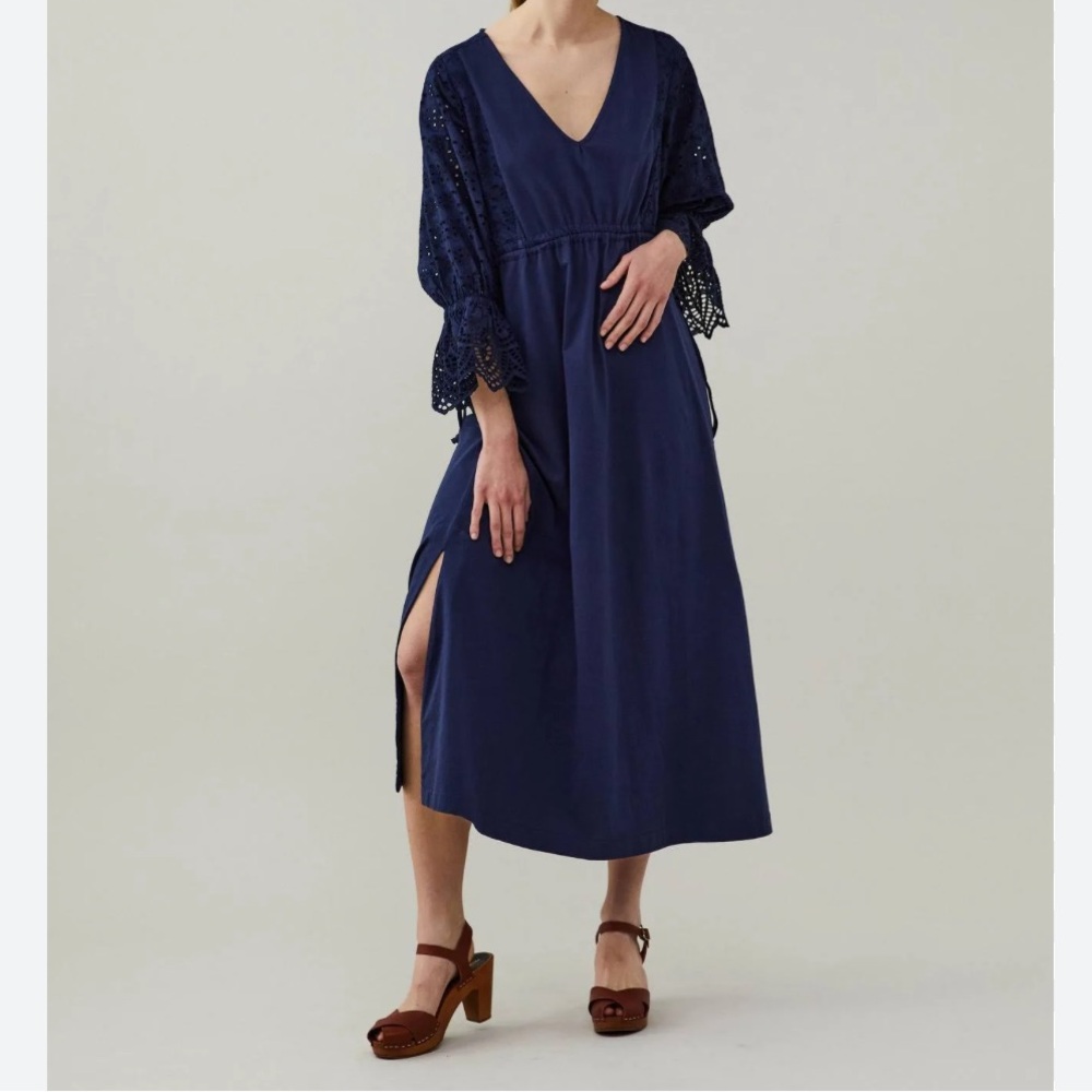 Odd Molly Blue V Neck Teagan Eyelet Midi Dress Size Large